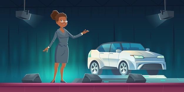 Бесплатное векторное изображение Продавец автомобилей, представляя современный автомобиль на сцене