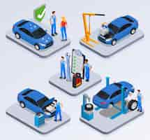 Free vector car service isometric compositions with workshop staff performing diagnostics maintenance wheel balancing isolated vector illustration