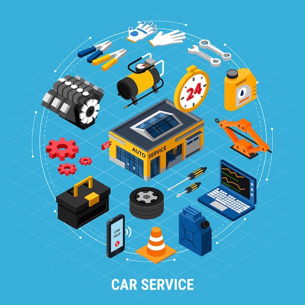 Car service isometric concept with professional help symbols