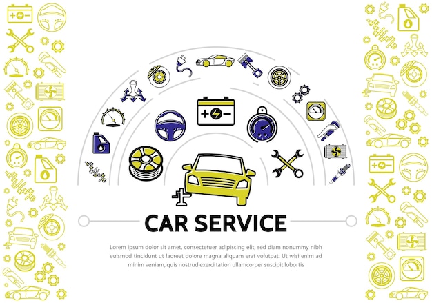 Car service line icons composition with shock absorber oil speedometer transmission brake disc piston
