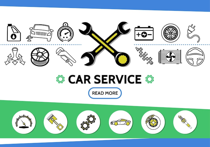 Free Vector car service line icons set with oil automobile tire speedometer battery wrenches transmission radiator
