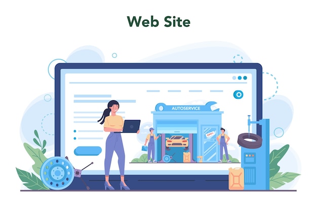 Автосервис онлайн-сервис или набор платформ люди ремонтируют автомобили с помощью профессионального инструмента идея авторемонта и диагностики веб-сайт изолированная плоская векторная иллюстрация