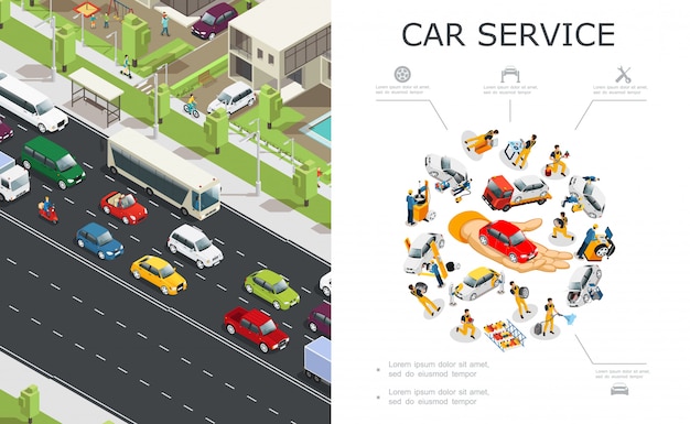 Free vector car service and traffic jam composition with workers repair and fix automobiles and vehicles moving on road in isometric style