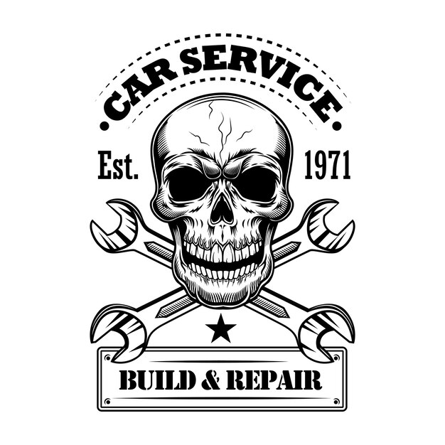 Car service vector illustration. Monochrome skull, crossed spanners, build and repair text. Car service or garage concept for emblems or labels templates