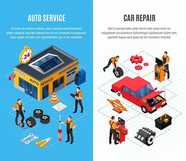 Free vector car service vertical banners set with repair tools isometric isolated vector illustration