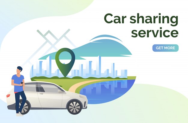 Car sharing service lettering, man, car and cityscape