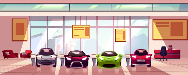 Free vector car showroom - new auto dealership in big room. hall with shop window, glass showcase.