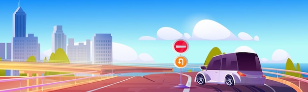Car stand at broken overpass highway, road pit or hole with warning signs and stuck automobile at city view with skyscraper buildings and modern houses over sea landscape, Cartoon vector illustration