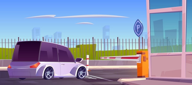 Free vector car stand at parking security entrance with automatic barrier, guardian booth, stop line and road sign. city guard system for automobile park, closed private area access, cartoon vector illustration