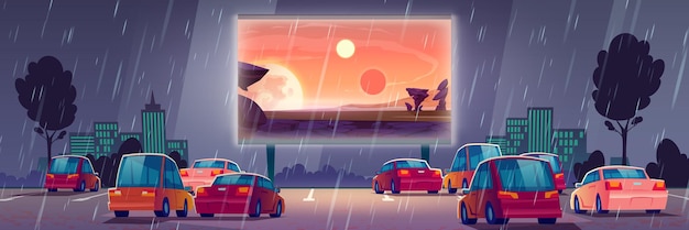 Free vector car street cinema rainy weather. drive-in theater