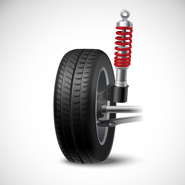 Car suspension realistic icon with wheel tire and shock absorber