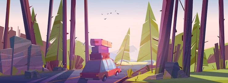Free Vector car travel road trip at summer vacation holidays journey on automobile with bags on roof
