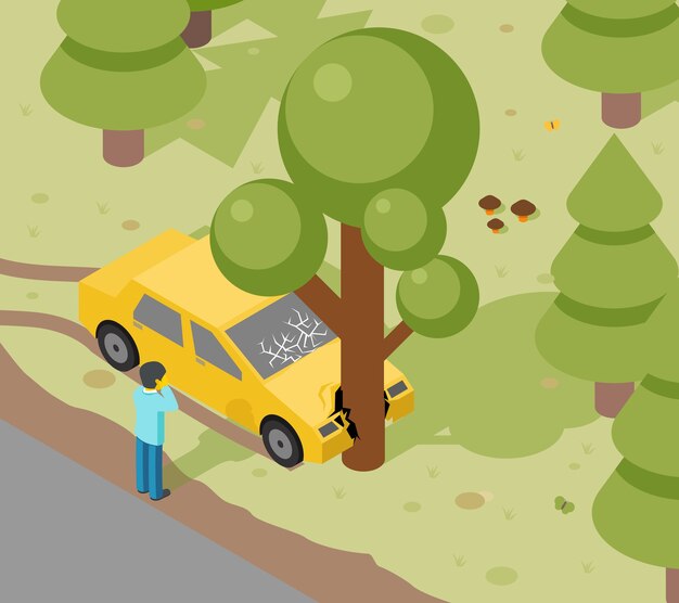 Car tree crash. Accident auto isometric danger, risk and transport