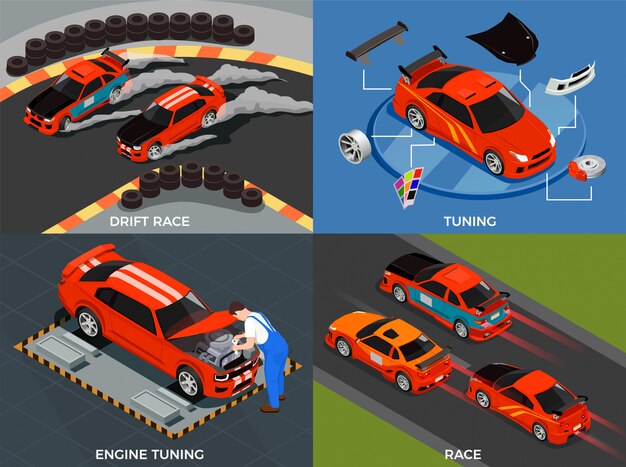 ドリフトレース等尺性のエンジンとボディの変更の車チューニングコンセプトセット