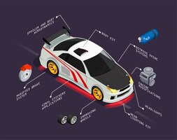 Бесплатное векторное изображение Тюнинг автомобилей изометрии, представляющий автомобиль с улучшением колесных систем закиси азота фары виниловые наклейки элементы обвеса