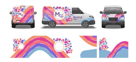 Бесплатное векторное изображение Дизайн ливреи макета фургона автомобиля реалистичный набор с передним и боковым видом на автомобильную векторную иллюстрацию