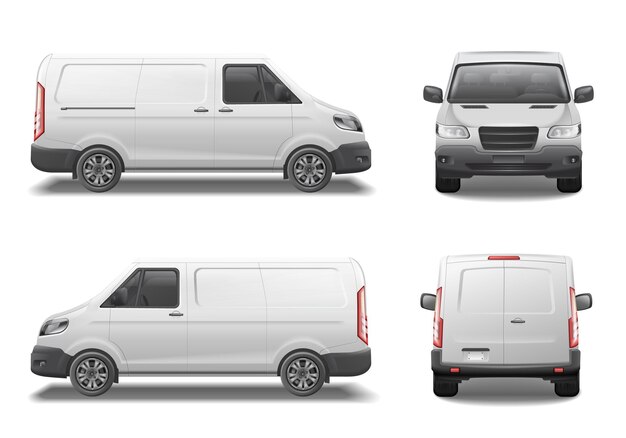 Car van mockup set with isolated realistic images of automobile from different angles on blank background vector illustration