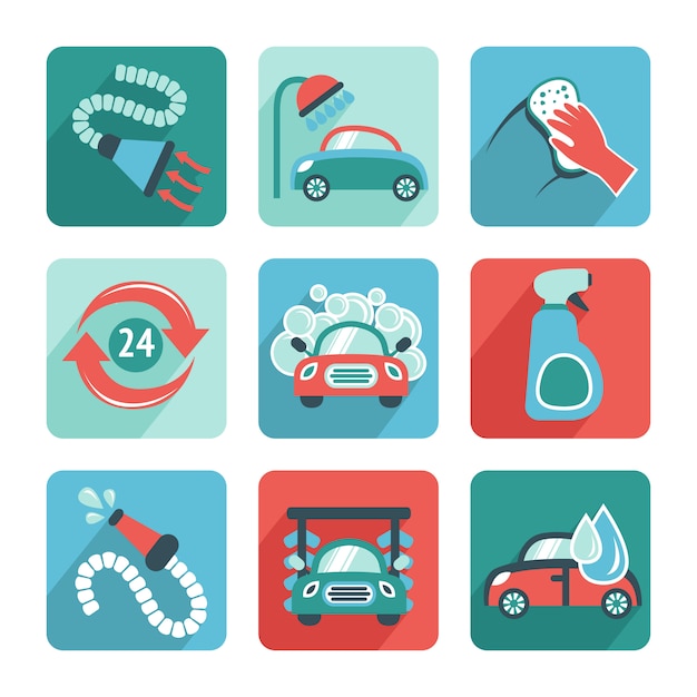 Free vector car wash icons flat