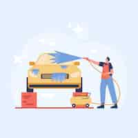 Free vector car wash illustration. a man has washes car with soap and water by high pressure pump. illustration in flat style