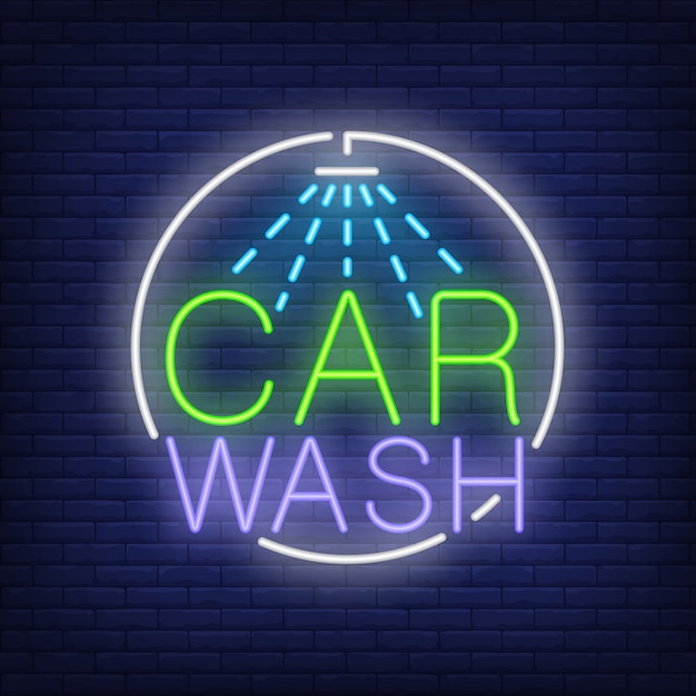 Car wash neon text and shower logo. neon sign, night bright advertisement