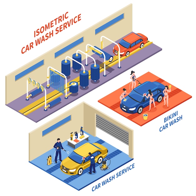 Car Wash Service Isometric Compositions