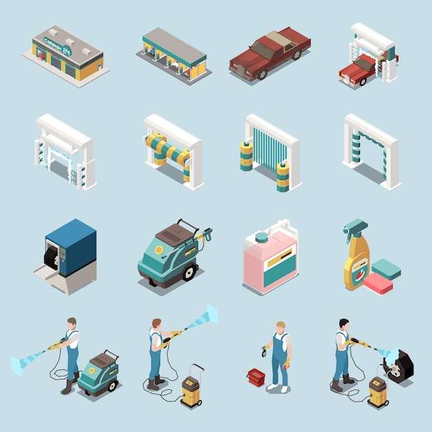 Car wash staff building tools for cleaning vehicle isometric icons set 2d isolated vector illustration