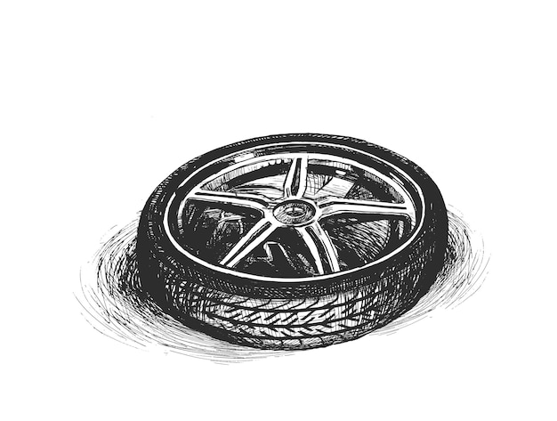 Free vector car wheel tire isolated on white hand drawn sketch vector illustration