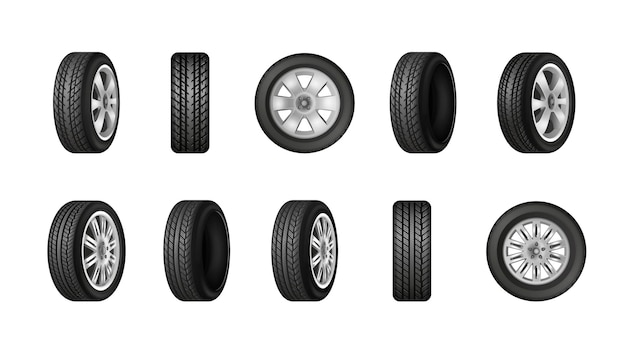 Free vector car wheels with different protector tread patterns realistic monochrome set isolated on white background vector illustration