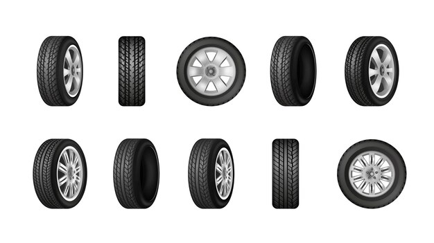 Car wheels with different protector tread patterns realistic monochrome set isolated on white background vector illustration