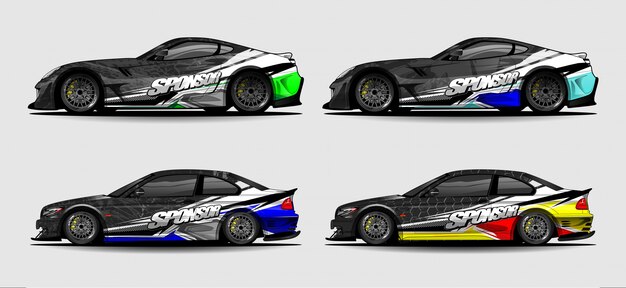 車のラップデカールデザインのベクトル 車両 レースカー ラリー カラーリング スポーツカーのための抽象的なグラフィック背景キットのデザイン プレミアムベクター