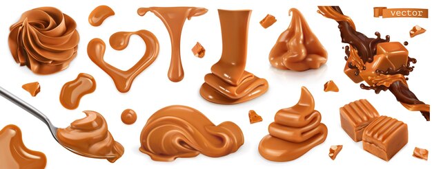 キャラメルトフィー溶けた水平方向の境界線は 食欲をそそるスパイラルフィギュアキャンディーバーお菓子現実的なセットを水たまり 無料のベクター