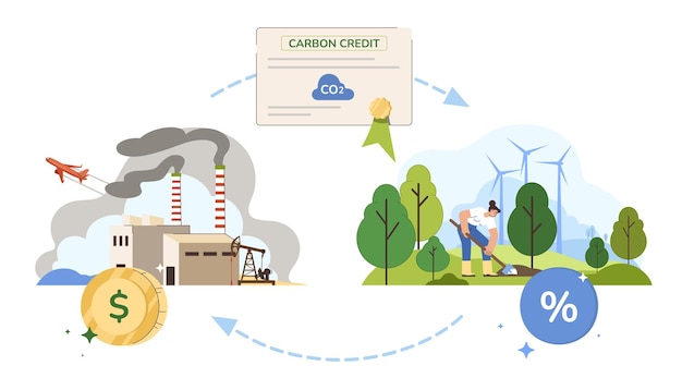 Vettore gratuito concetto di credito o compensazione del carbonio. riduci l'inquinamento da co2 con il certificato di autorizzazione. regolamento sui gas serra, prezzi per il controllo del bilancio del biossido. illustrazione vettoriale piatta della sostenibilità