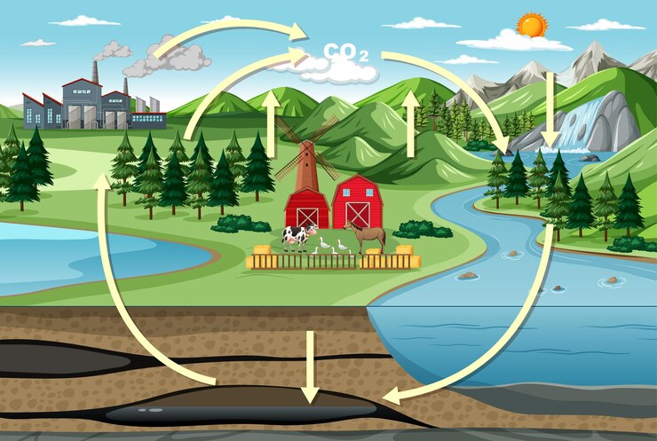 Free Vector carbon cycle diagram with nature farm landscape