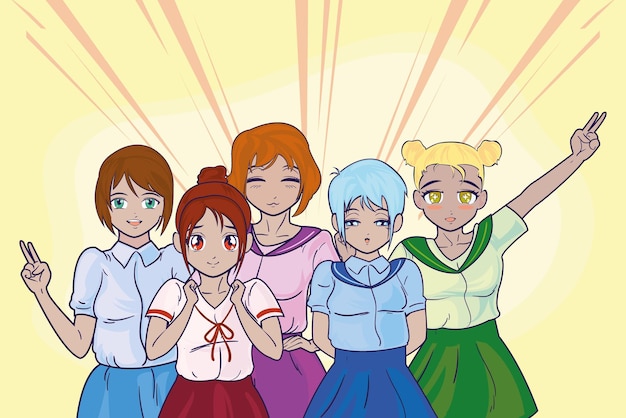 открытка группы аниме девушек