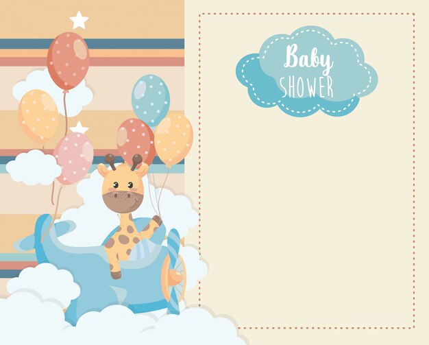 Card of cute giraffe in the cradle and clouds