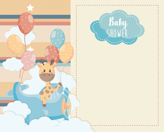 Card of cute giraffe in the cradle and clouds