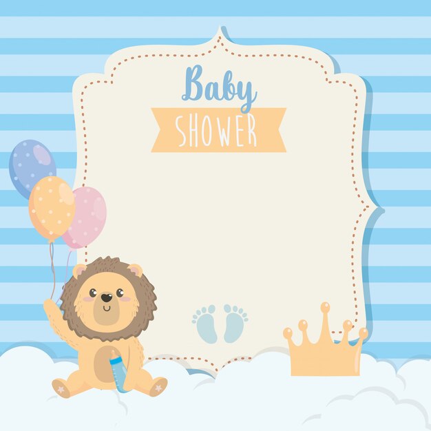 Card of cute lion with feeding bottle and balloons