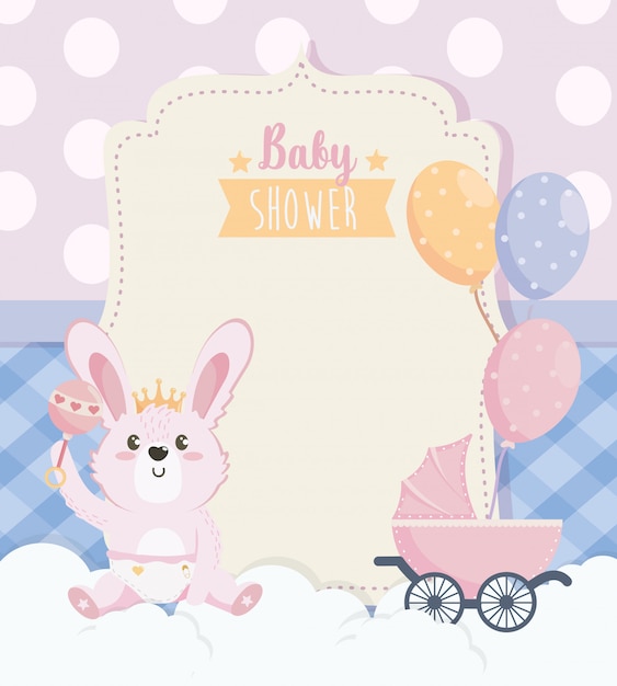 Free vector card of cute rabbit with carriage and balloons