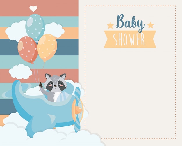 Free vector card of cute raccoon in the cradle and balloons