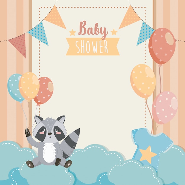 Free vector card of cute raccoon with balloons and clouds
