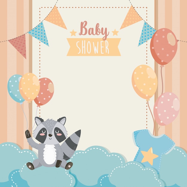 Card of cute raccoon with balloons and clouds