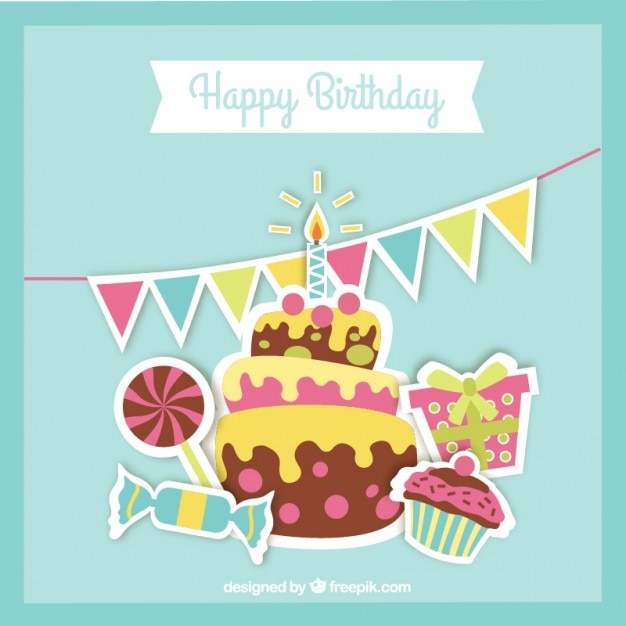 Free vector card of delicious birthday cake witg sweets and gift