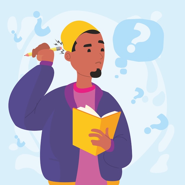 Free vector card of man thinking with question marks