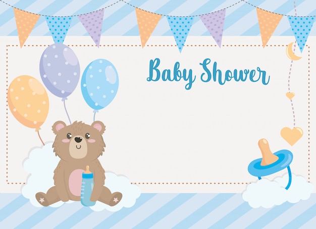 Free vector card of teddy bear with party banner and pacifier