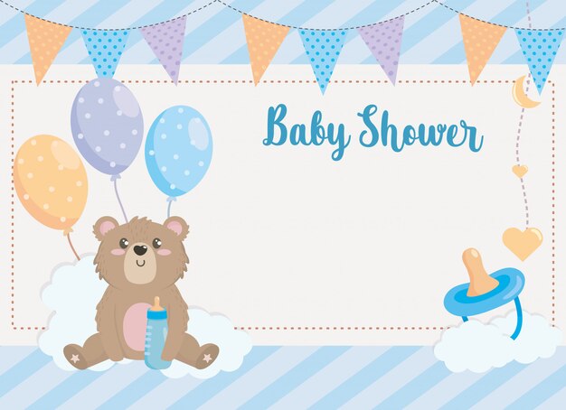 Card of teddy bear with party banner and pacifier