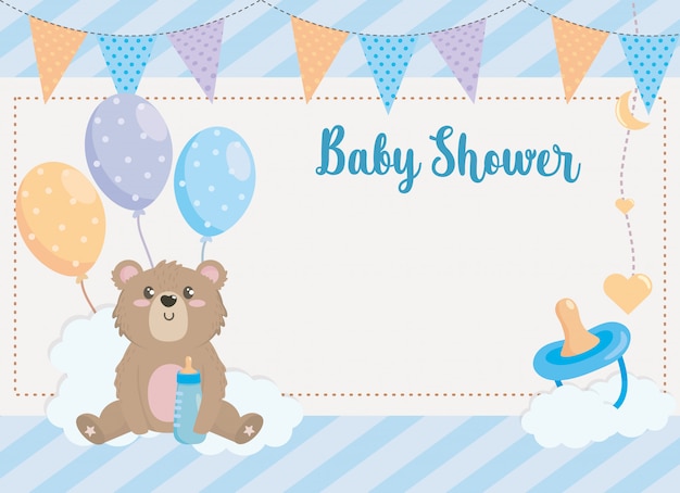 Card of teddy bear with party banner and pacifier