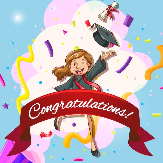 Card template for congratulations with woman in graduation gown