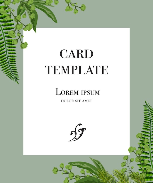 Card template design with white frame and greenery on gray background. 