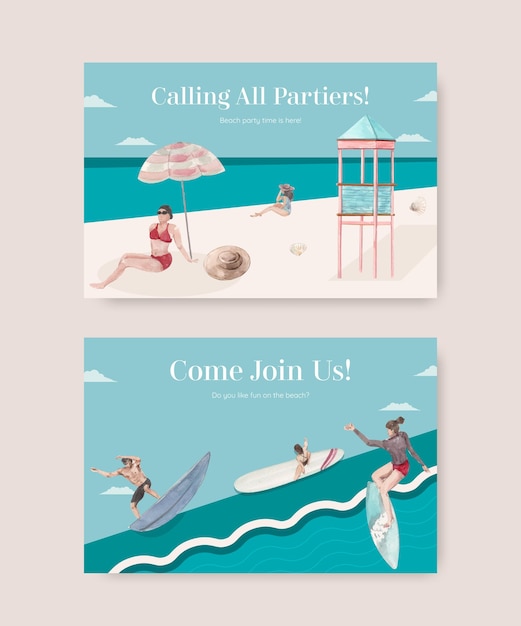 Free vector card template with beach vacation concept design watercolor illustration