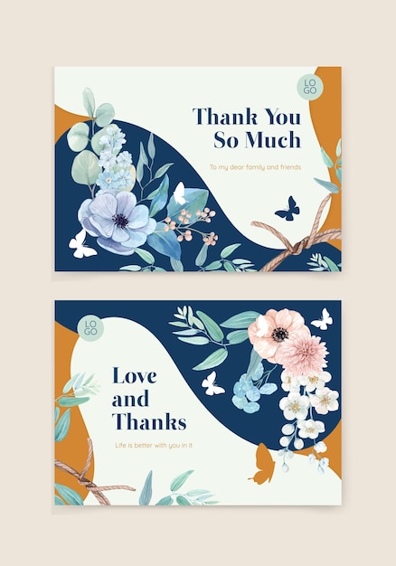 Free vector card template with blue flower peaceful concept,watercolor style